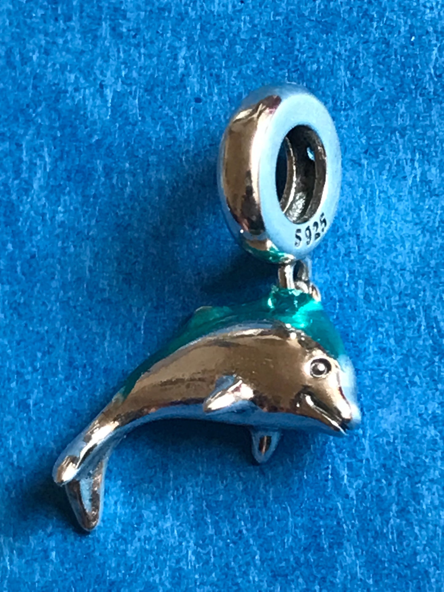 Dolphin charm with teal accents on a blue background