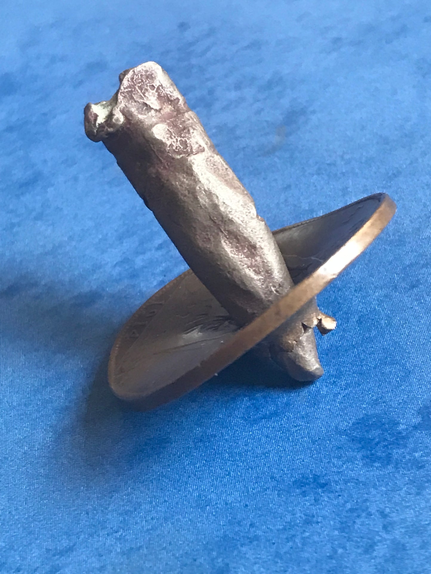 World War One Dated 1914 Coin damaged by Shrapnel during WW1 Trench Art Blitz Hole in coin Rare early complete with bullet #trenchart #ww2 #collectable #war