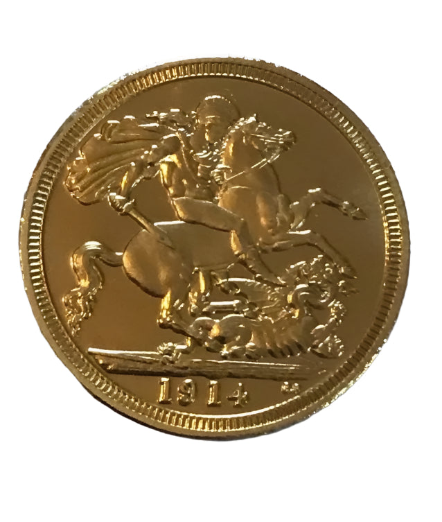 Gold coin with a horse and rider design, featuring the year 1914 on a white background.
