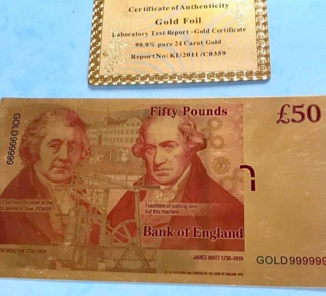 Gold foil fifty pound note and certificate