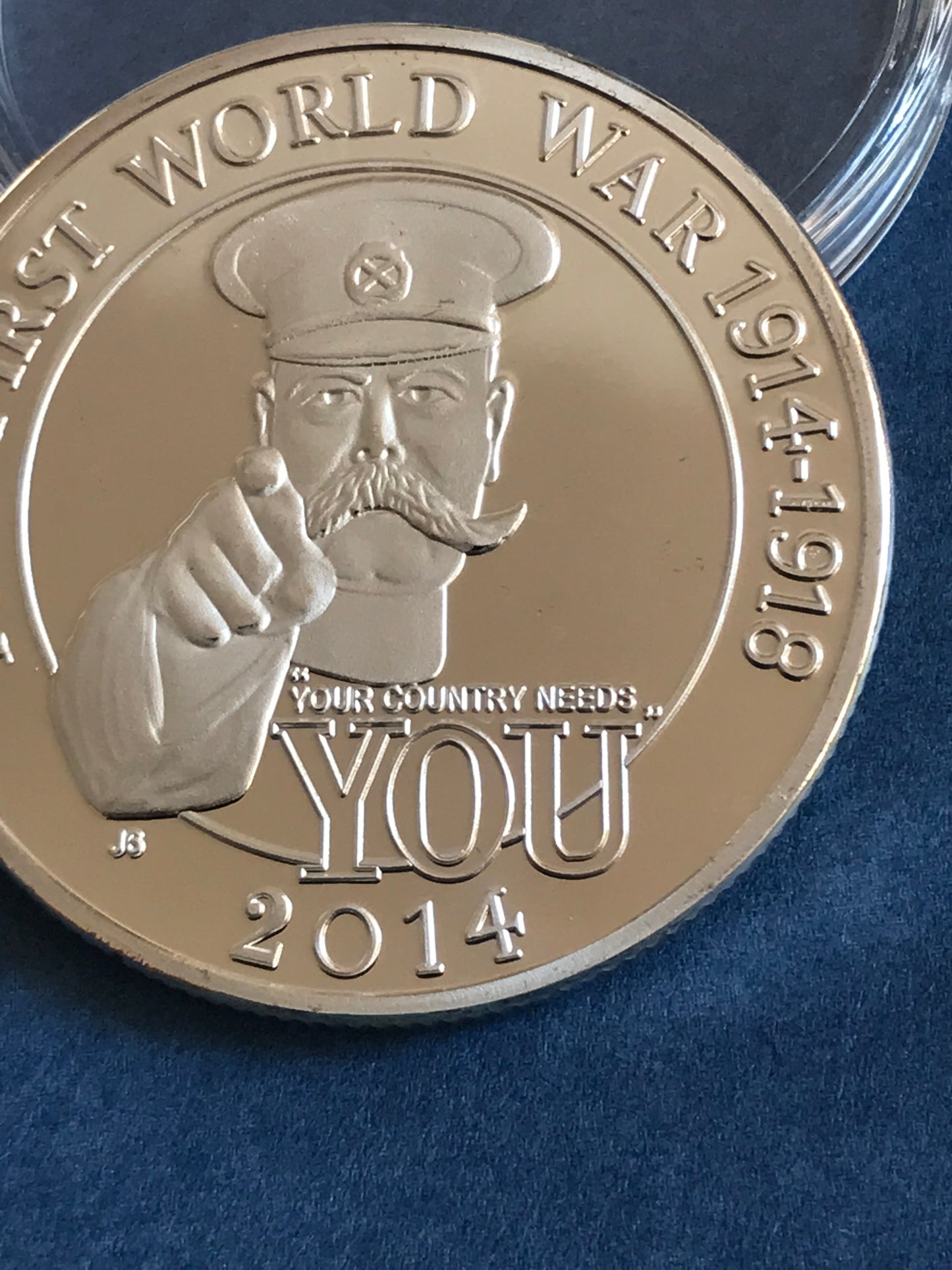 2014 Great War Lord Kitchener WW1 Silver Plated Colour Coin on a blue background