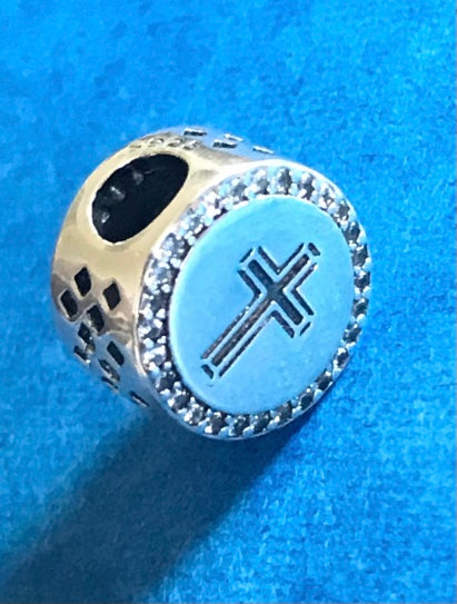 Silver Faith Cross charm on a blue background for charm bracelet 925 silver