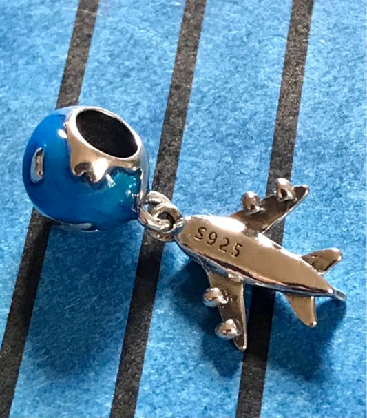 Silver 925 charm plane and globe for charm bracelet 