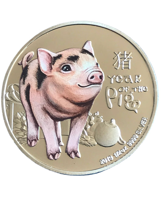 Gold coin featuring a pig illustration with text 'Year of the Pig' on a white background