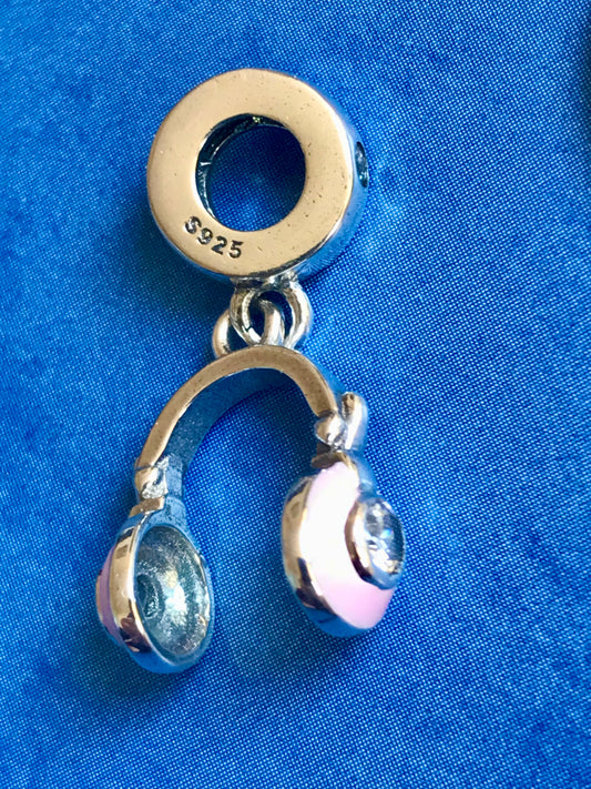 Genuine 925 Silver Music headphones pink charm for Your bracelet comes in a cute velvet pouch