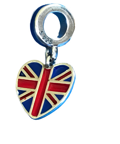 Heart-shaped charm with Union Jack design on a white background 925 silver for charm bracelet 