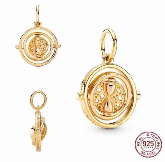 Genuine 925 Silver Time Turner charm with intricate design on a white background, featuring 'Real Sterling Silver' 