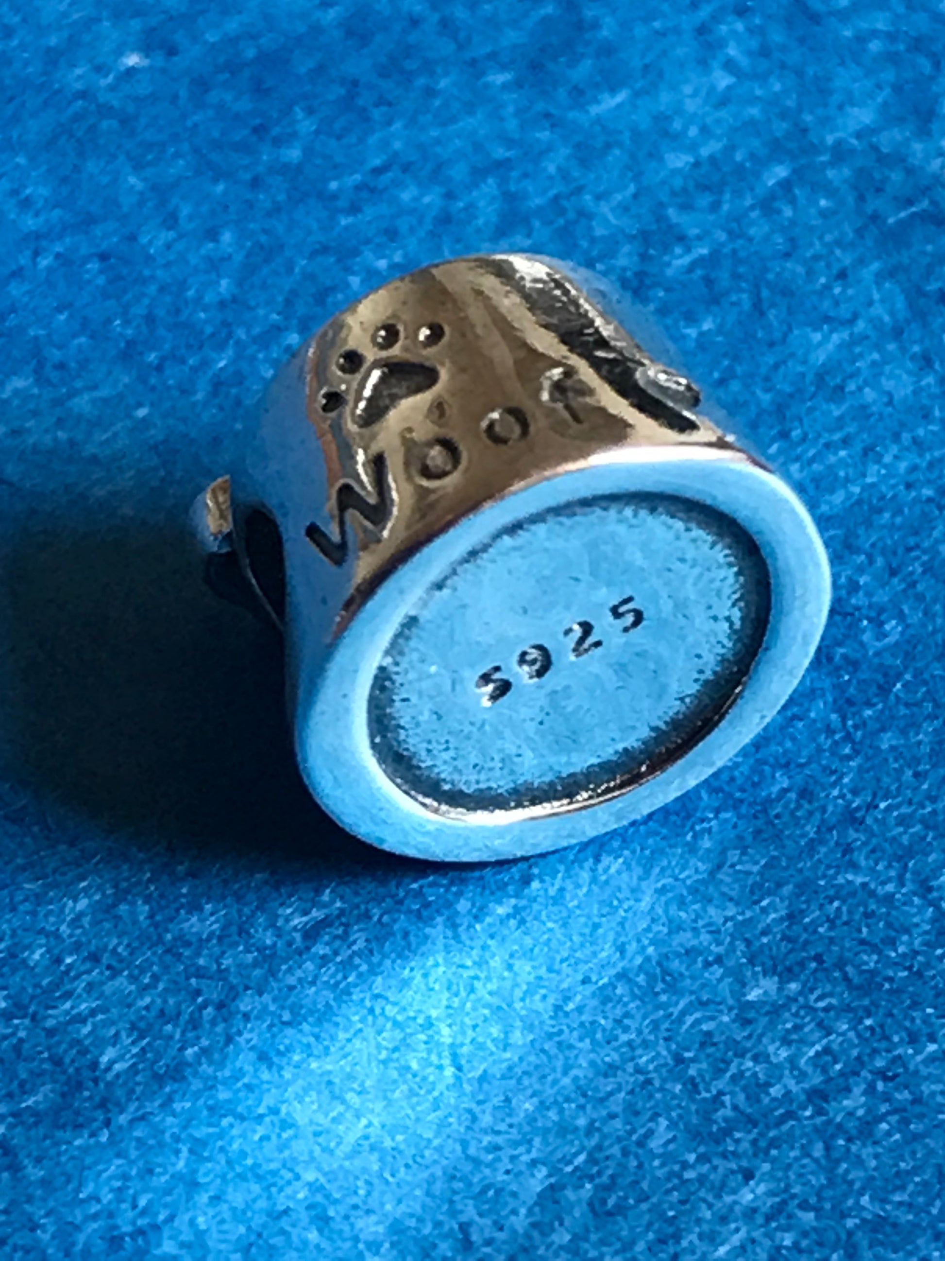 Silver charm with paw print and 'Woof' text on a blue background
