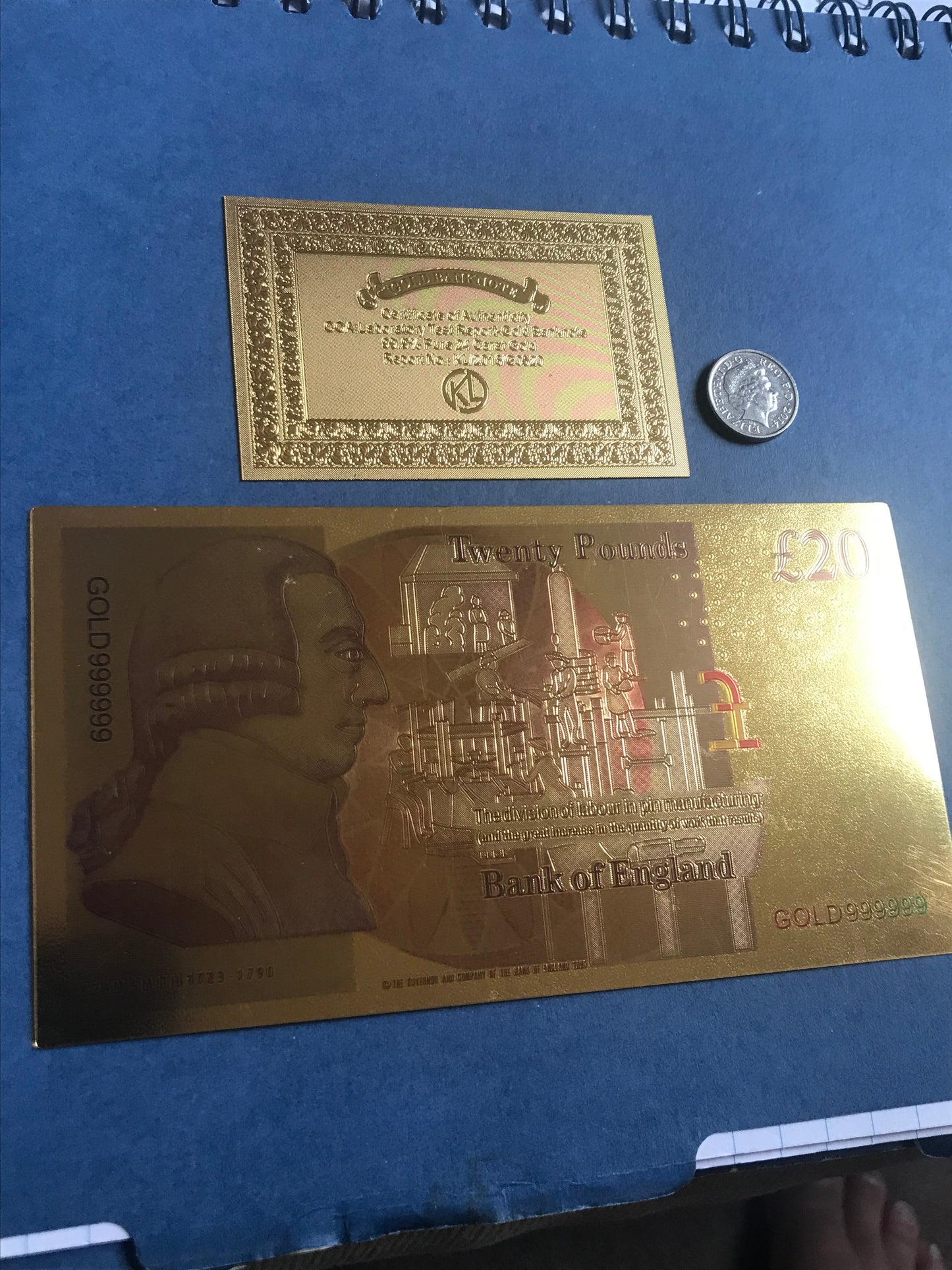 Genuine £20 gold foil note with certificate for collector souvenir art 24k gold