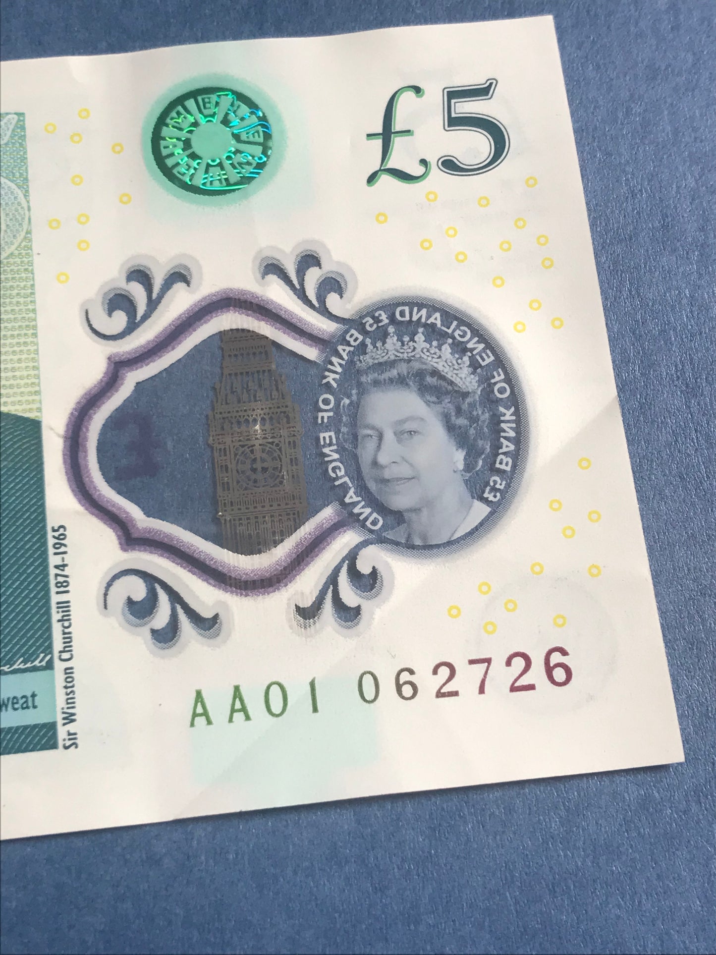 Genuine Queen Elizabeth very low serial number £5 note rare Collectable five pound note AA01 062726