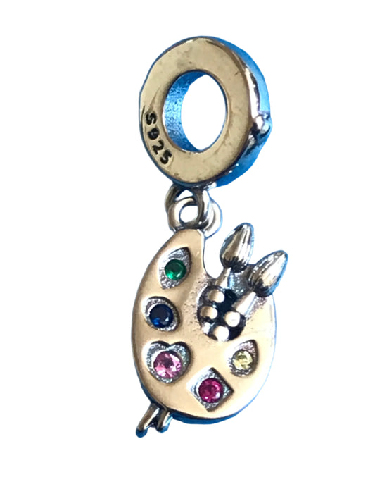 Genuine 925 Silver Artist Palette charm with colorful gemstones on a white background for charm bracelet 925 silver