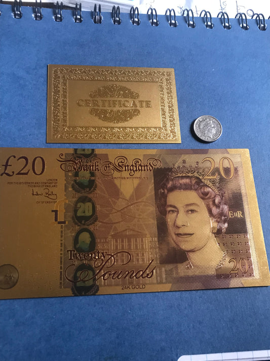 Genuine £20 gold foil note with certificate for collector souvenir art 24k gold