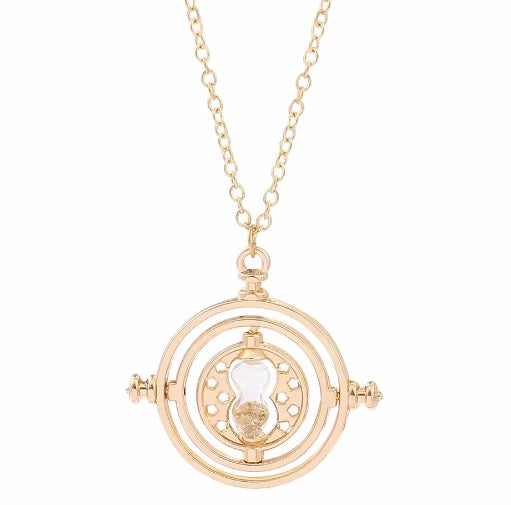 Harry Potter Time Turner Gold necklace with a circular pendant on a white background