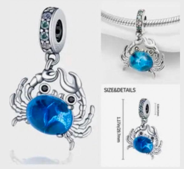 Genuine 925 Silver Blue Crab charm on a white background for charm bracelet 