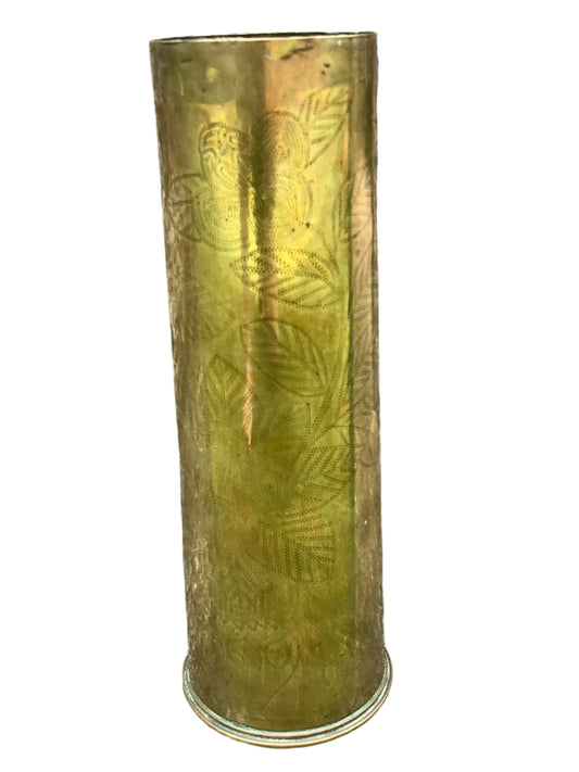 World War One trench Art vase brass shell on a white background