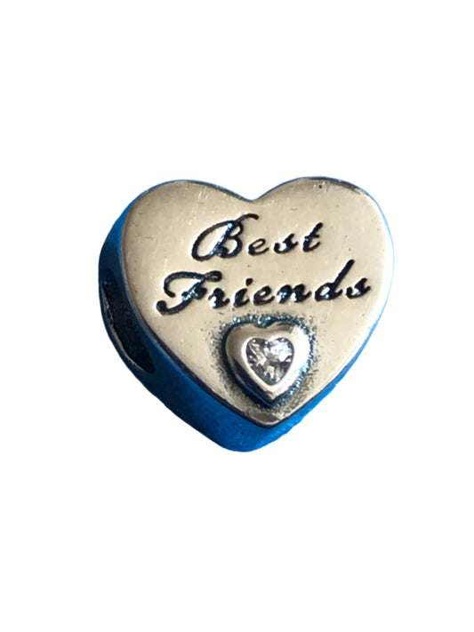 Heart-shaped metal charm with 'Best Friends' engraving on a white background for charm bracelet 925 silver