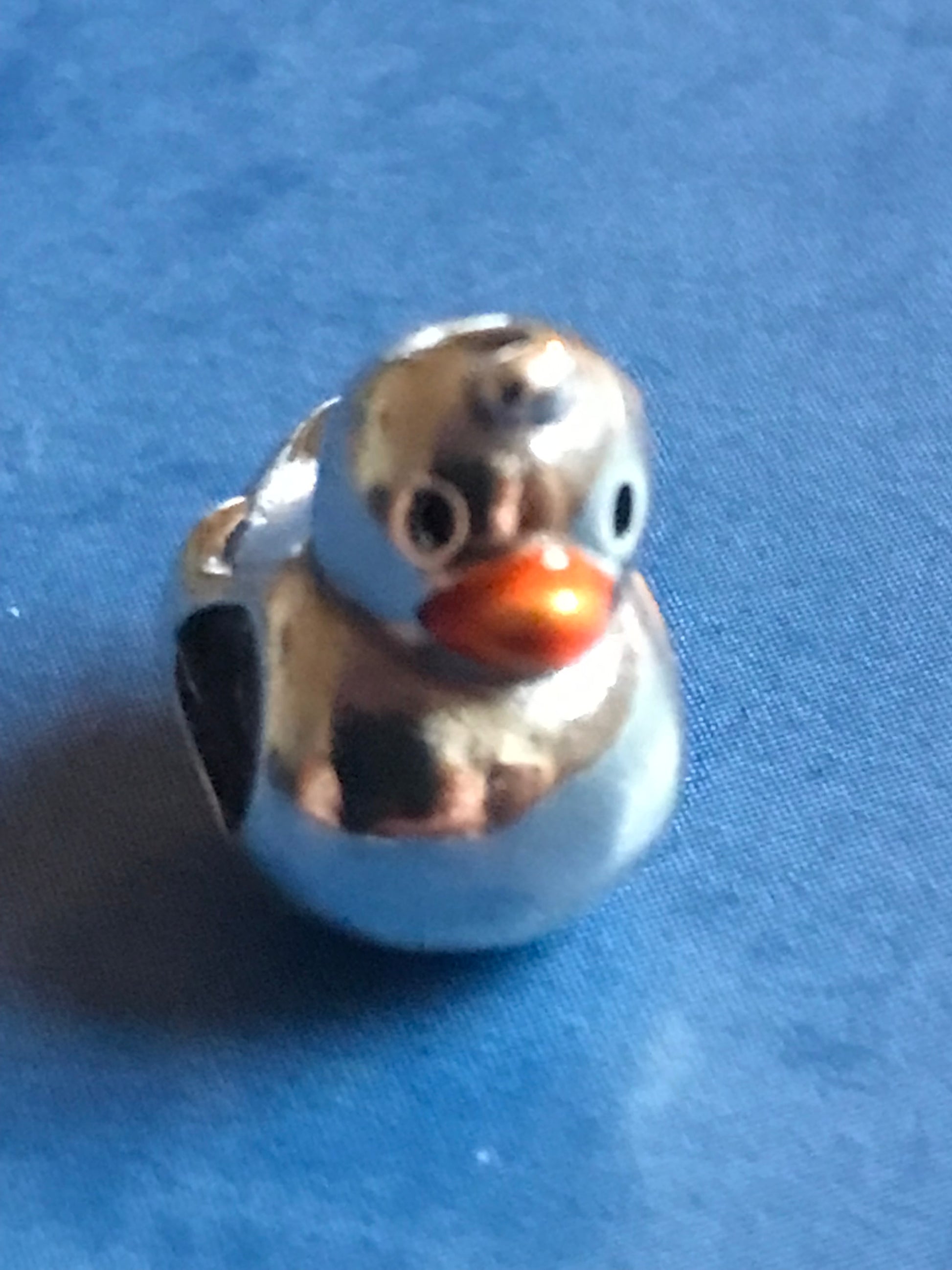 Silver Duck charm on a blue background