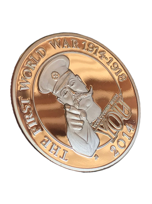 2014 Great War Lord Kitchener WW1 Silver Plated Colour Coin on a white background