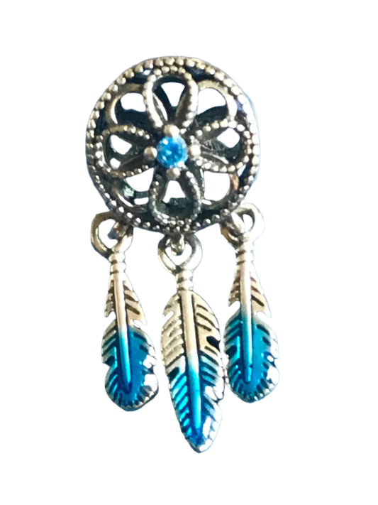 Silver and blue dreamcatcher charm on a white background for charm bracelet 