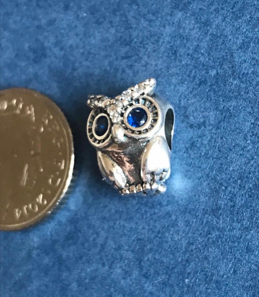 Solid 925 silver Owl charm with blue eyes for charm bracelet fit Pandora 