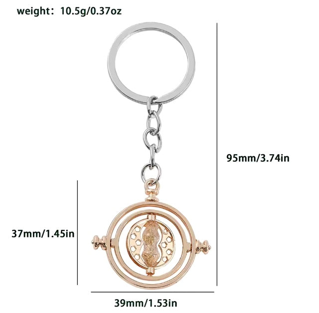 Harry Potter Time Turner Keyring gold colour with rotating design, shown with measurements on a white background