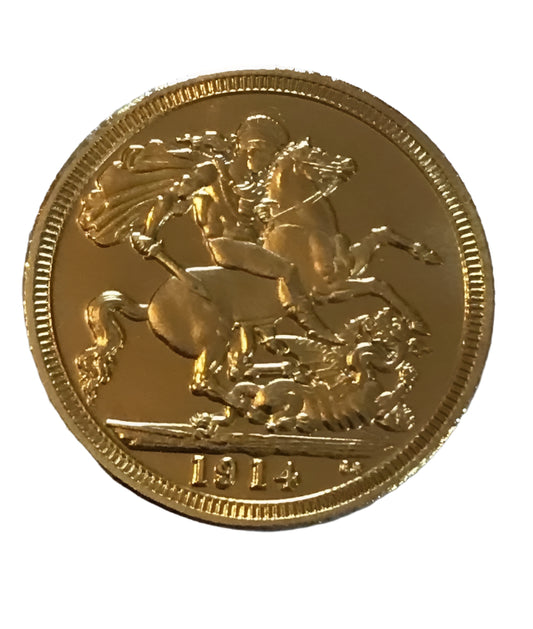 Gold coin with a horse and rider design, featuring the year 1914 on a white background.