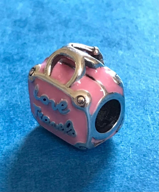 Solid silver 925 case travel charm for charm bracelet pink suitcase 