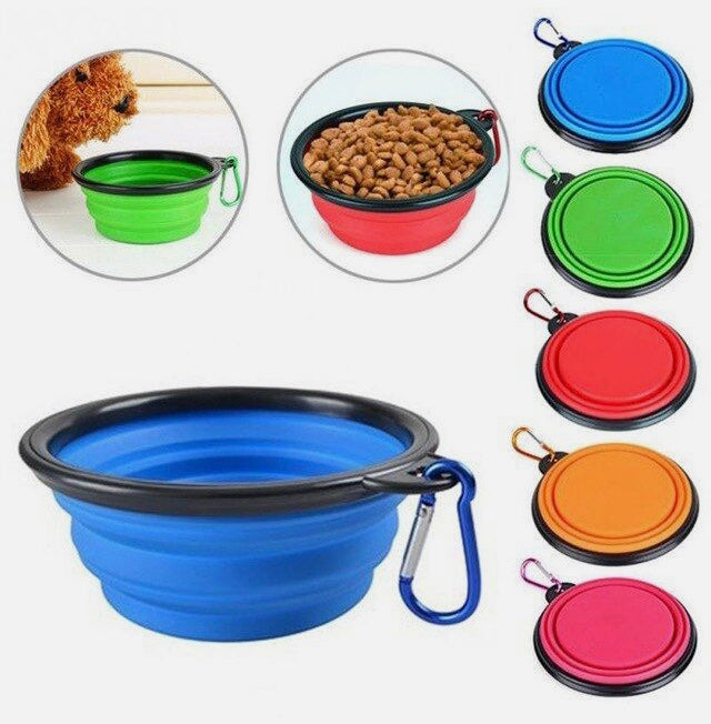 Collapsible Portable Bowl Dog Cat Pet Travel Silicone Water Dish Camping available in blue or pink
