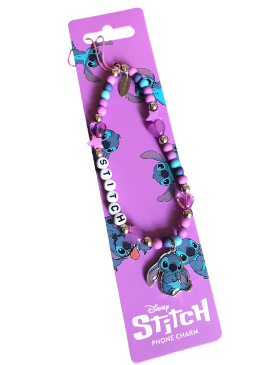 Disney Stitch phone charm set on a purple card with 'Stitch' branding.