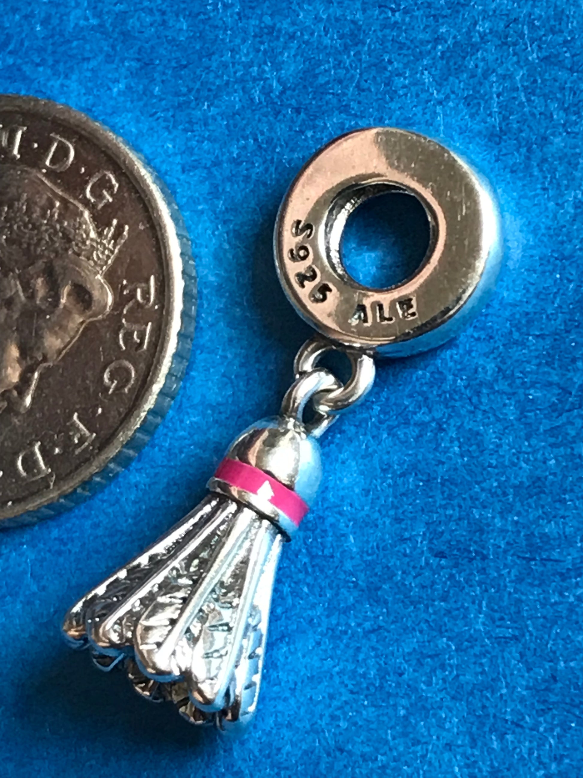 Silver charm with a shuttlecock on a blue background for charm bracelet 925 silver