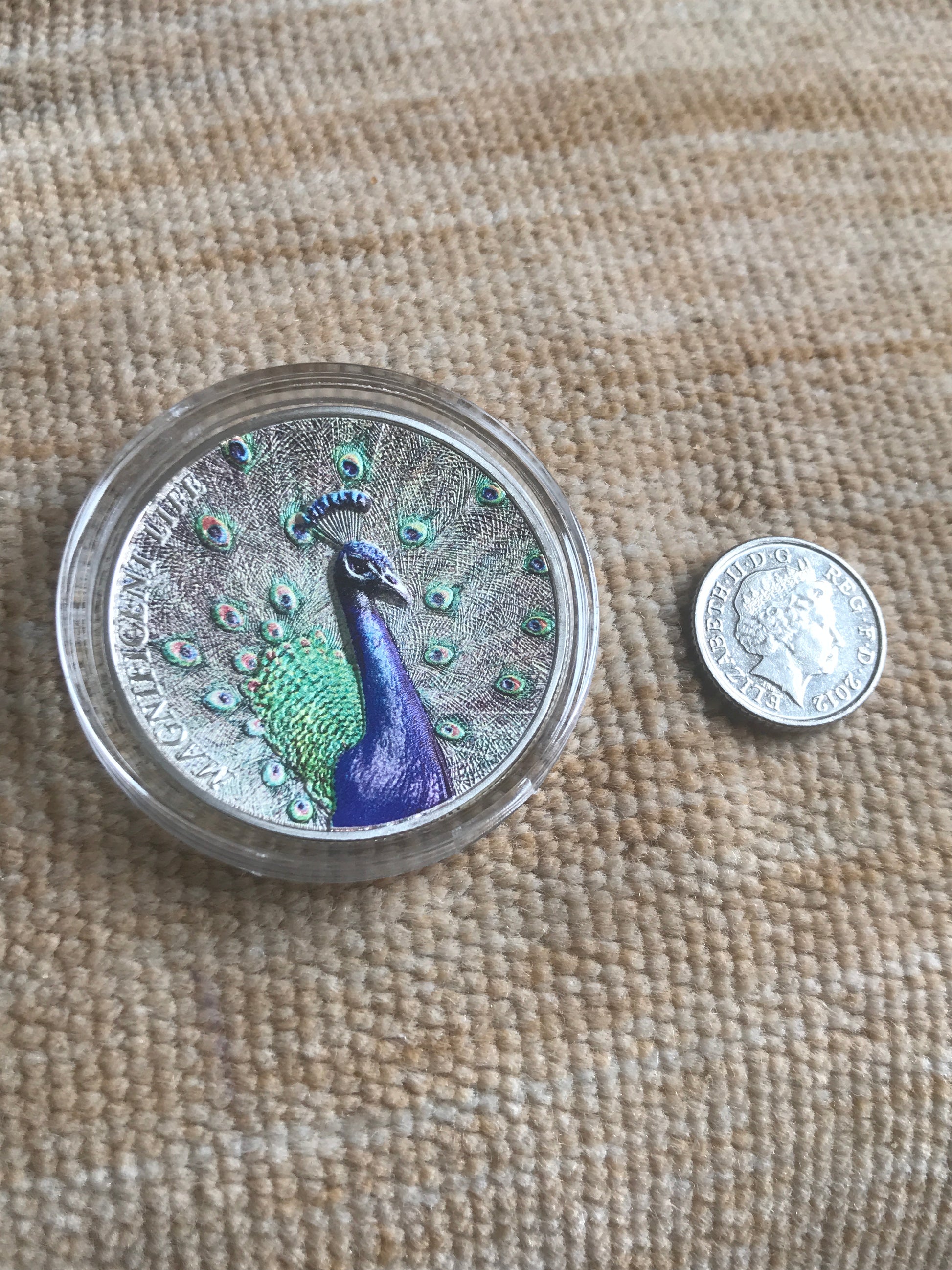 Silver coin with peacock design on a textured fabric background