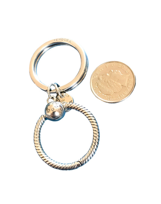 Gold and silver keychain for charms with a coin for scale on a white background