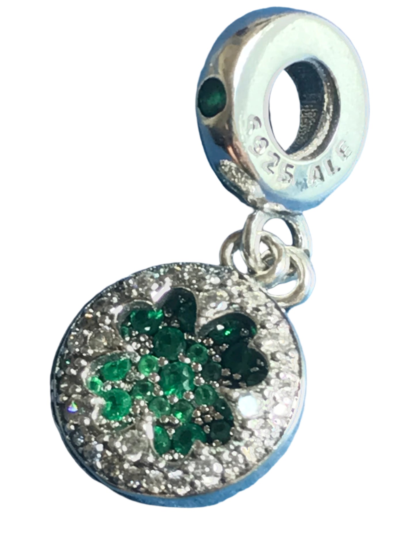Genuine 925 Silver Green Lucky Clover Charm with green gemstone on a white background for charm bracelet 