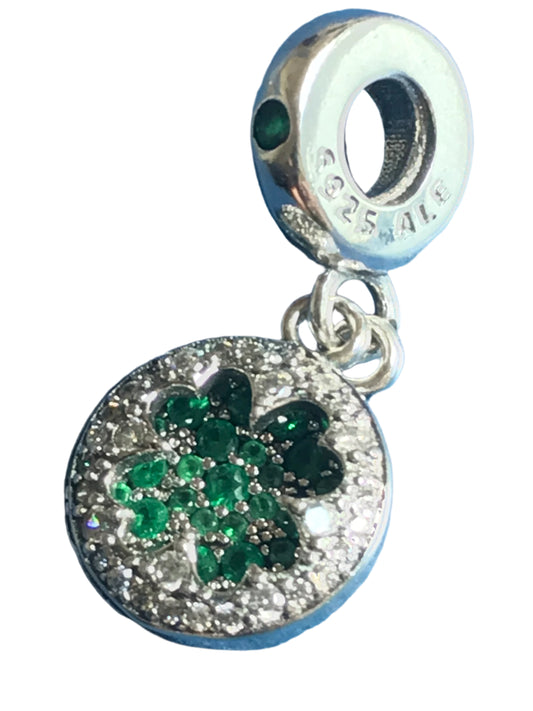 Genuine 925 Silver Green Lucky Clover Charm with green gemstone on a white background for charm bracelet 