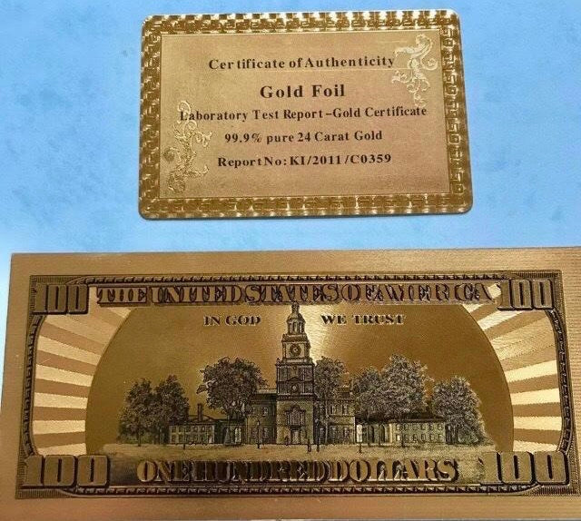 Gold foil 100 dollar note with certificate 
