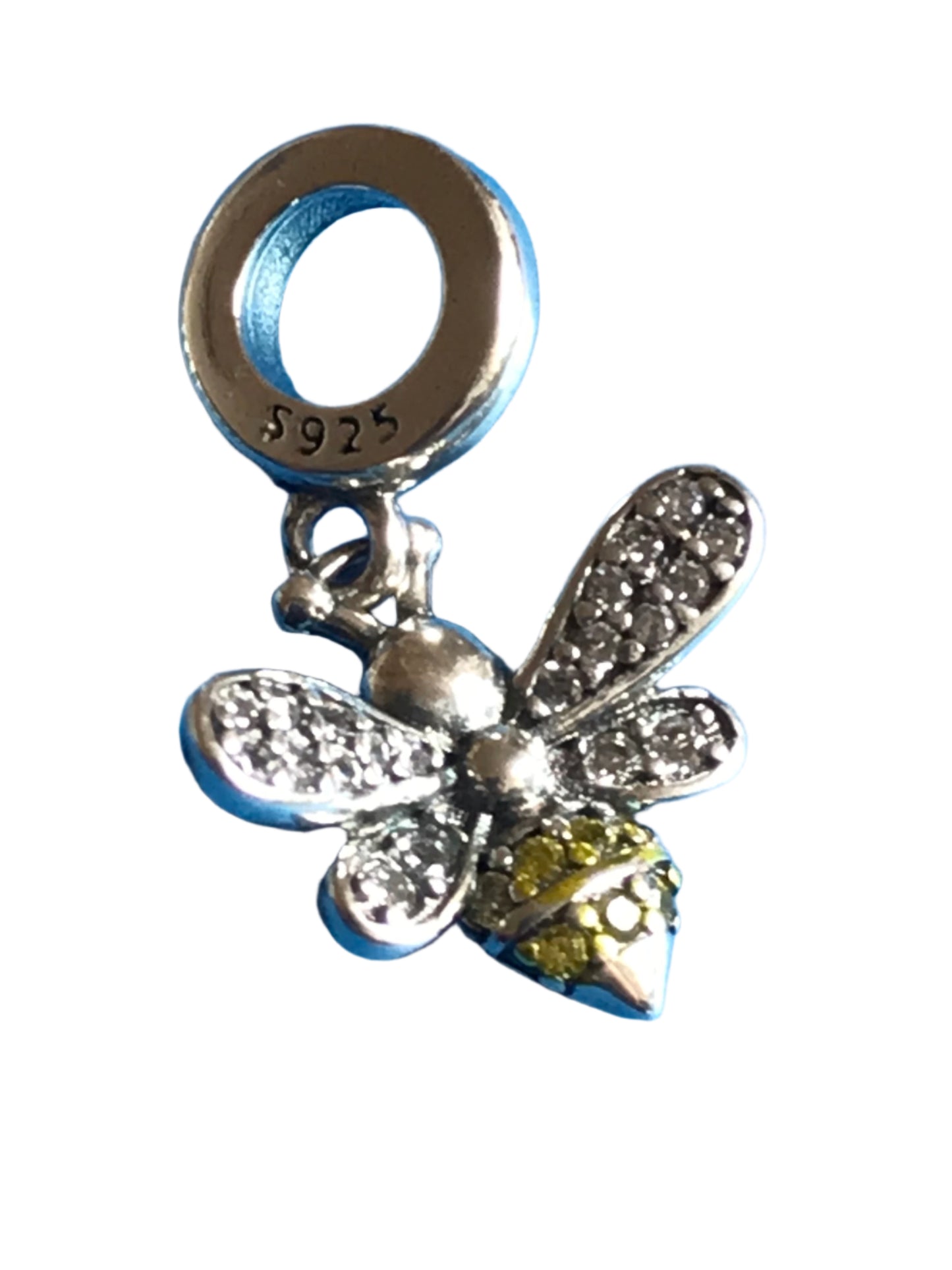 Genuine 925 Silver Bee charm with clear stones on a blue background for charm bracelet 