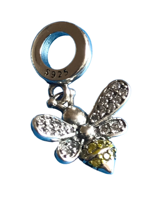 Genuine 925 Silver Bee charm with clear stones on a blue background for charm bracelet 
