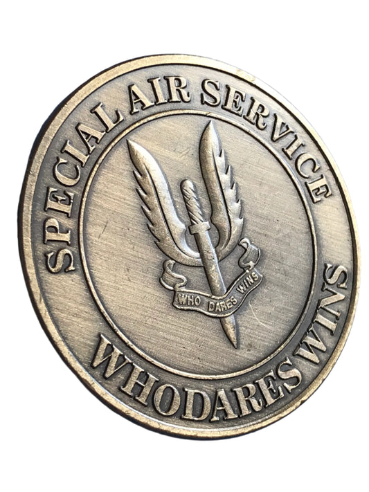 Bronze coin with 'Special Air Service' emblem and 'Who Dares Wins' motto on a white background
