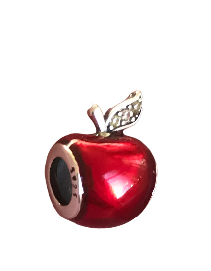 Red apple-shaped charm with gold accents on a white background for bracelet 925 Silver