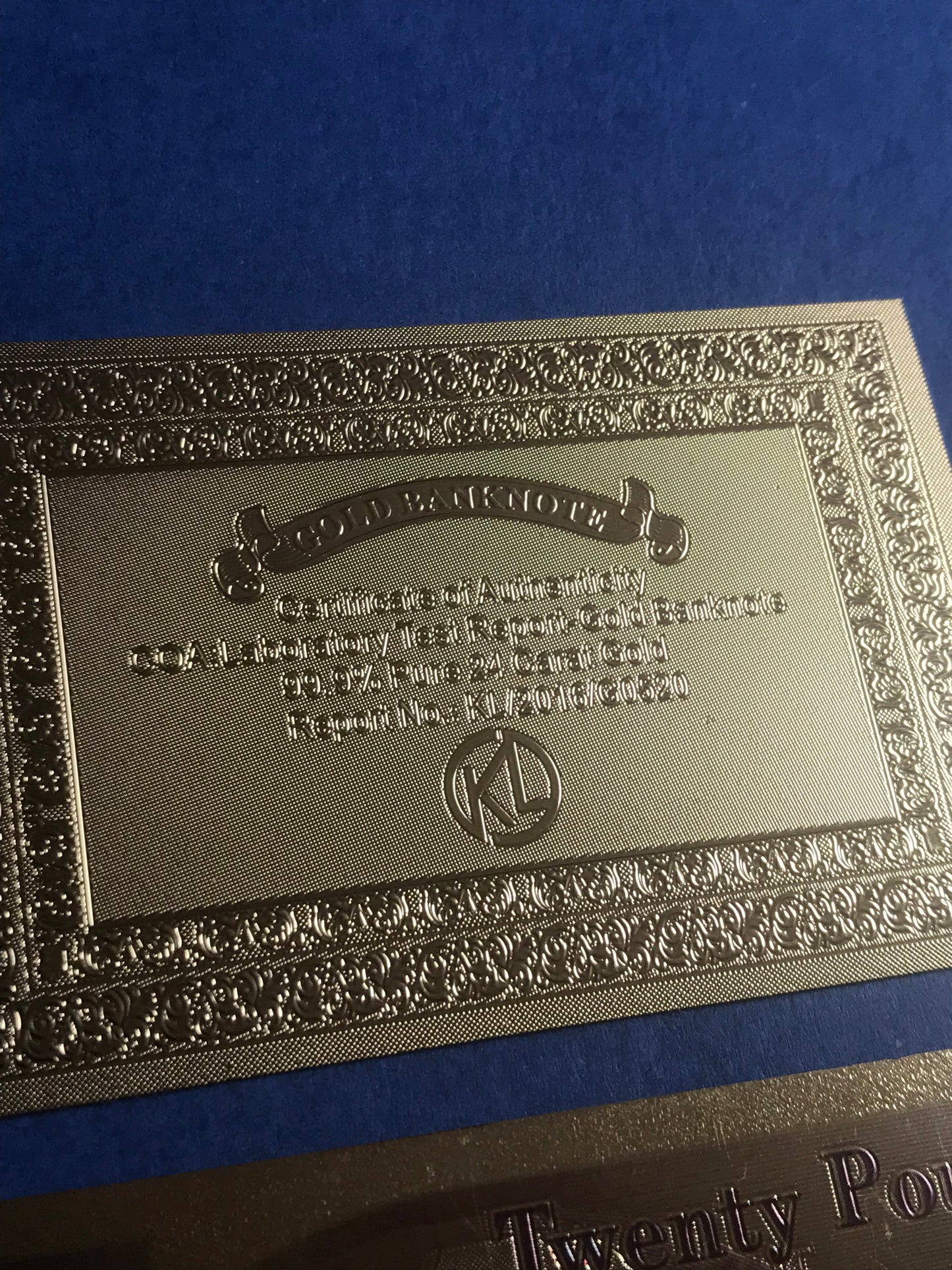 Genuine £20 gold foil note with certificate for collector souvenir art 24k gold