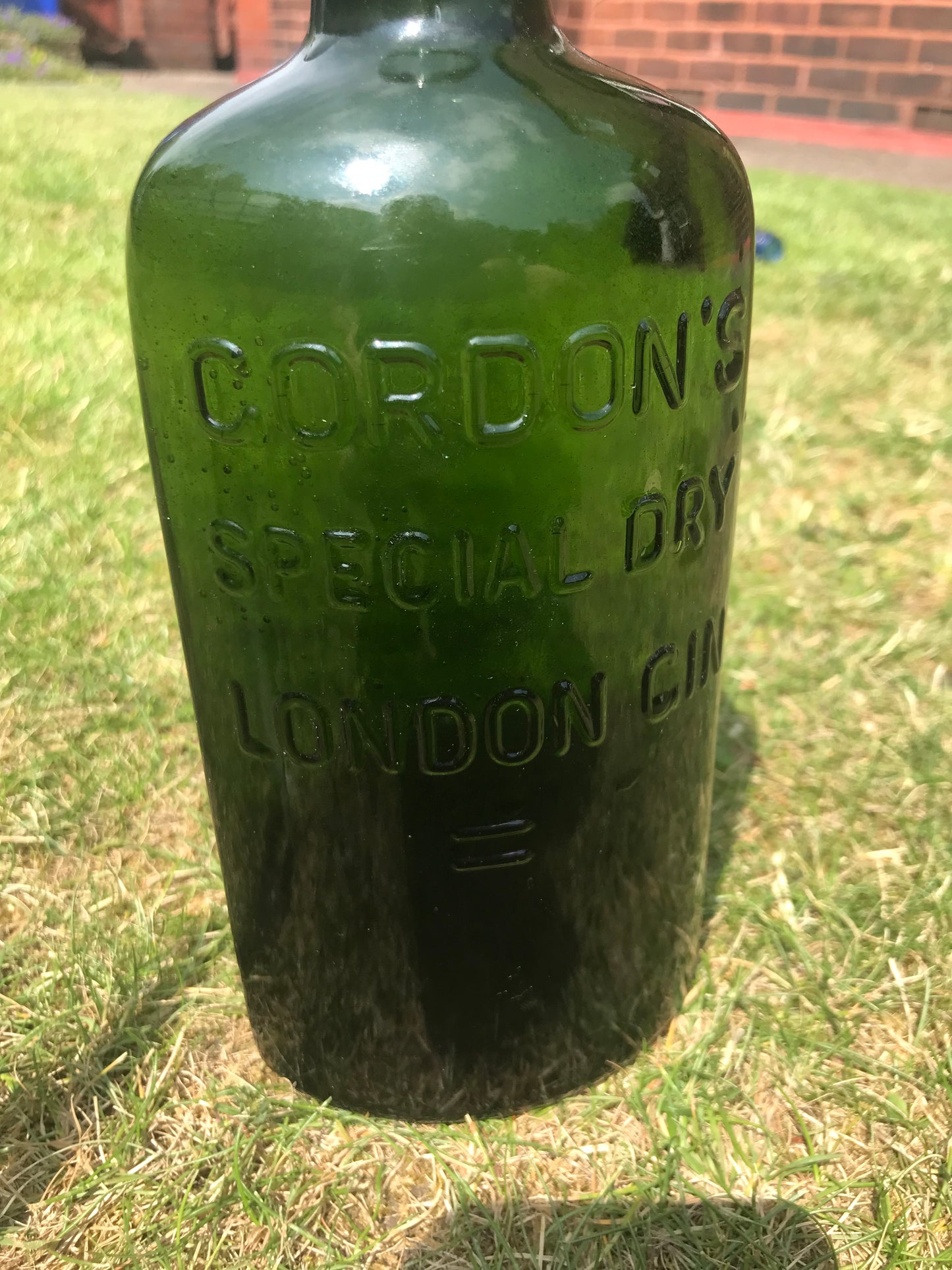 Gordon’s Special Dry London Gin Green Glass bottle on a grassy background