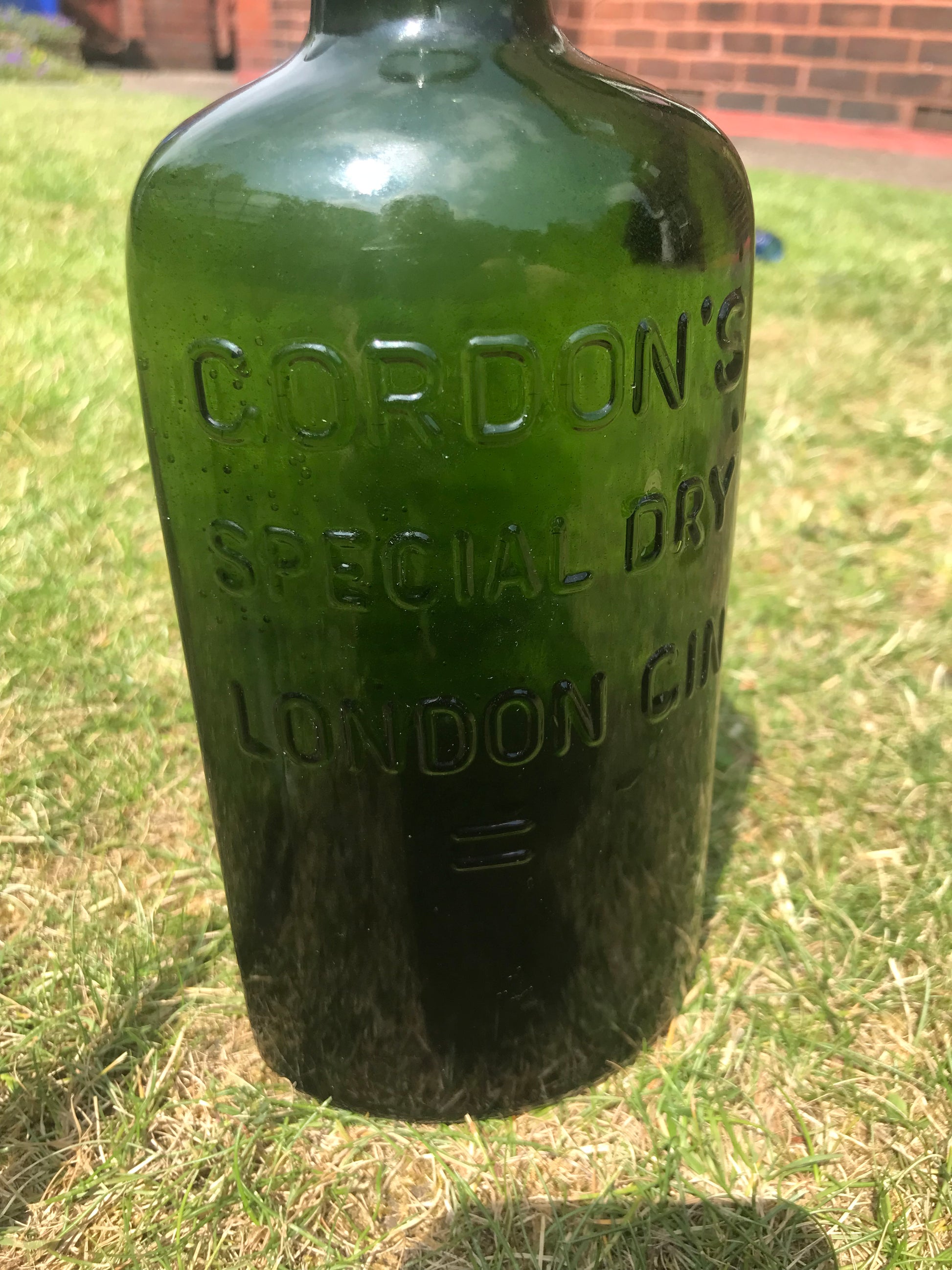 Gordon’s Special Dry London Gin Green Glass bottle on a grassy background