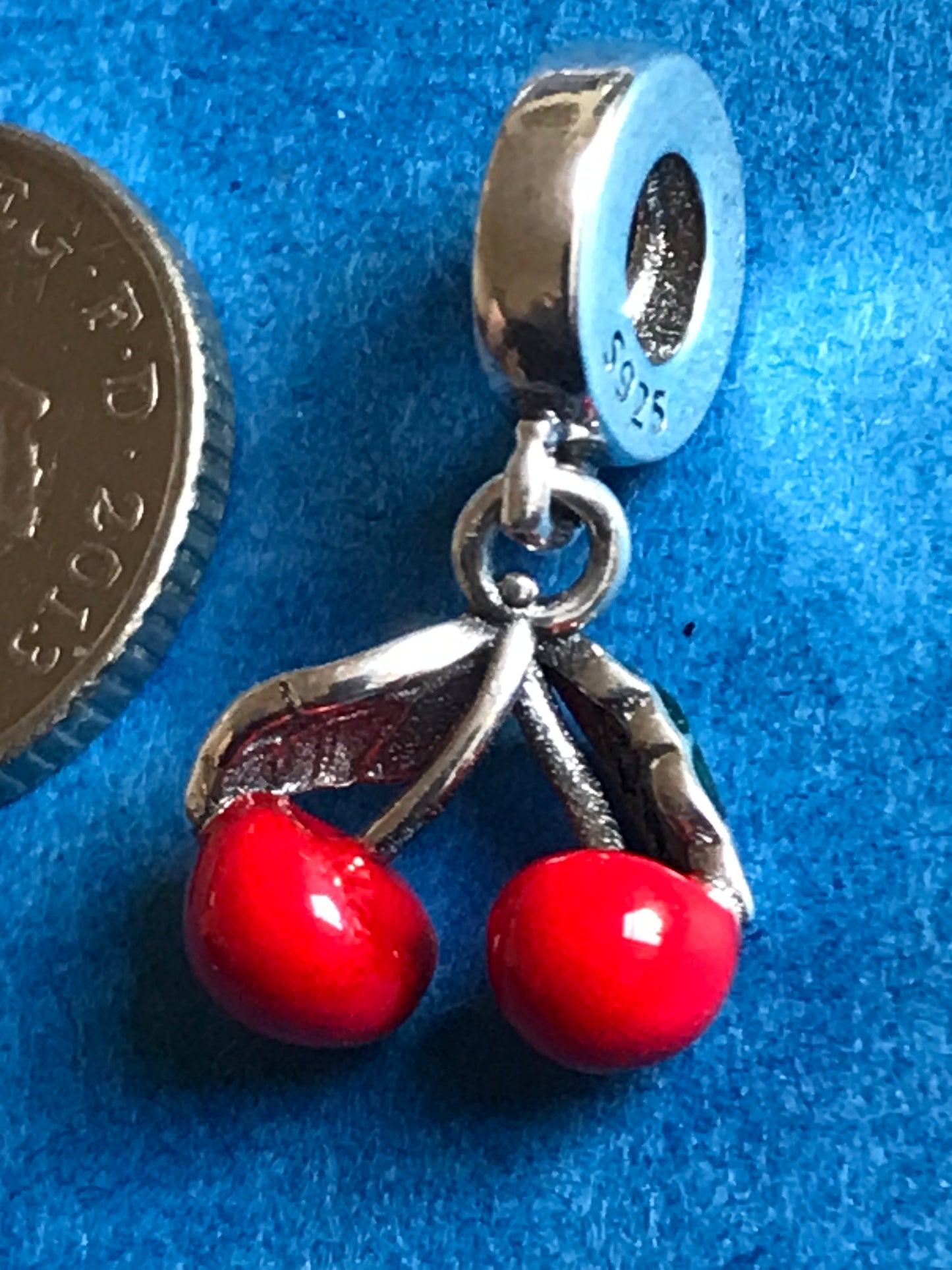 Silver charm with red berries on a blue background for charm bracelet 