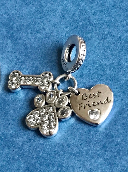 Silver charm with paw print, bone, and 'Best Friend' heart on a blue background for charm bracelet 
