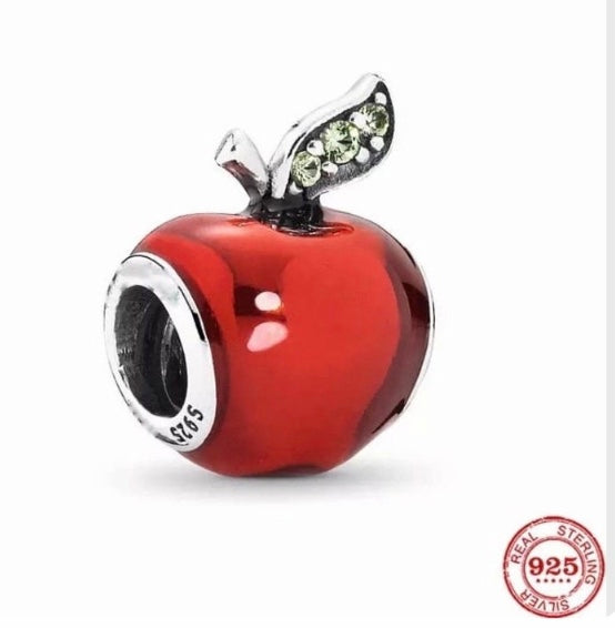 Red apple-shaped charm with silver base and gemstone leaf on a white background for charm bracelet 925 silver