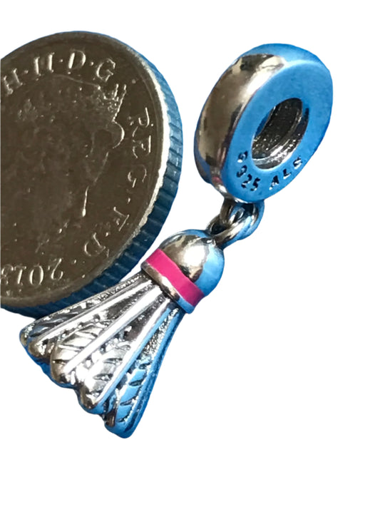 Silver badminton shuttlecock charm with pink ribbon on a white background for charm bracelet 925 silver